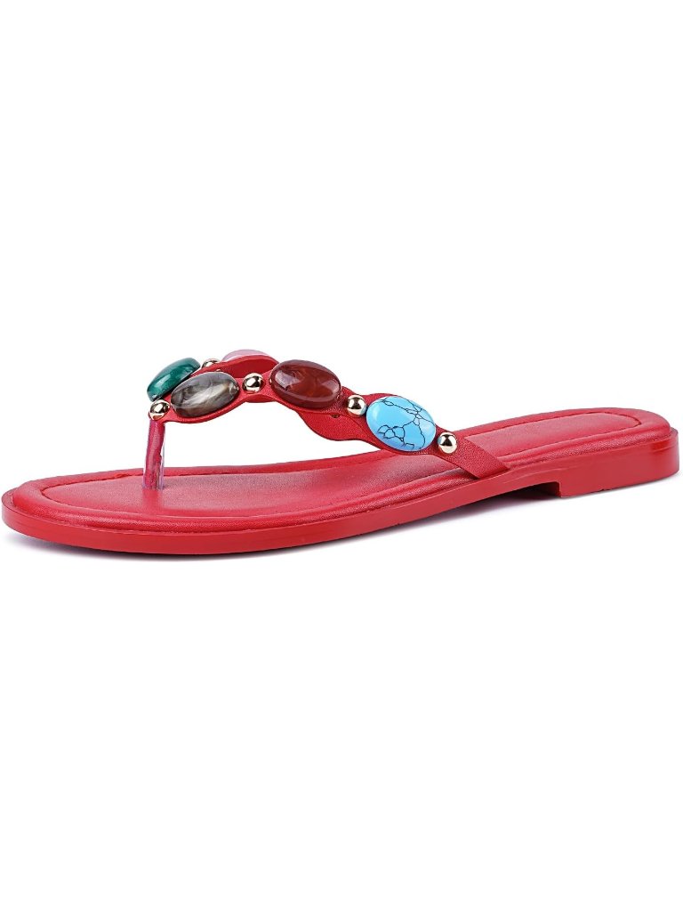 Women's Red Polyurethane Open Round Toe Flip Flop Comfy Slip On Flats Sandals